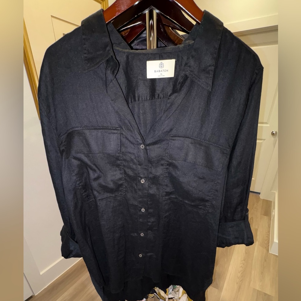 Aritzia Babaton Utility Shirt Linen Black Long Sleeve Sz XL